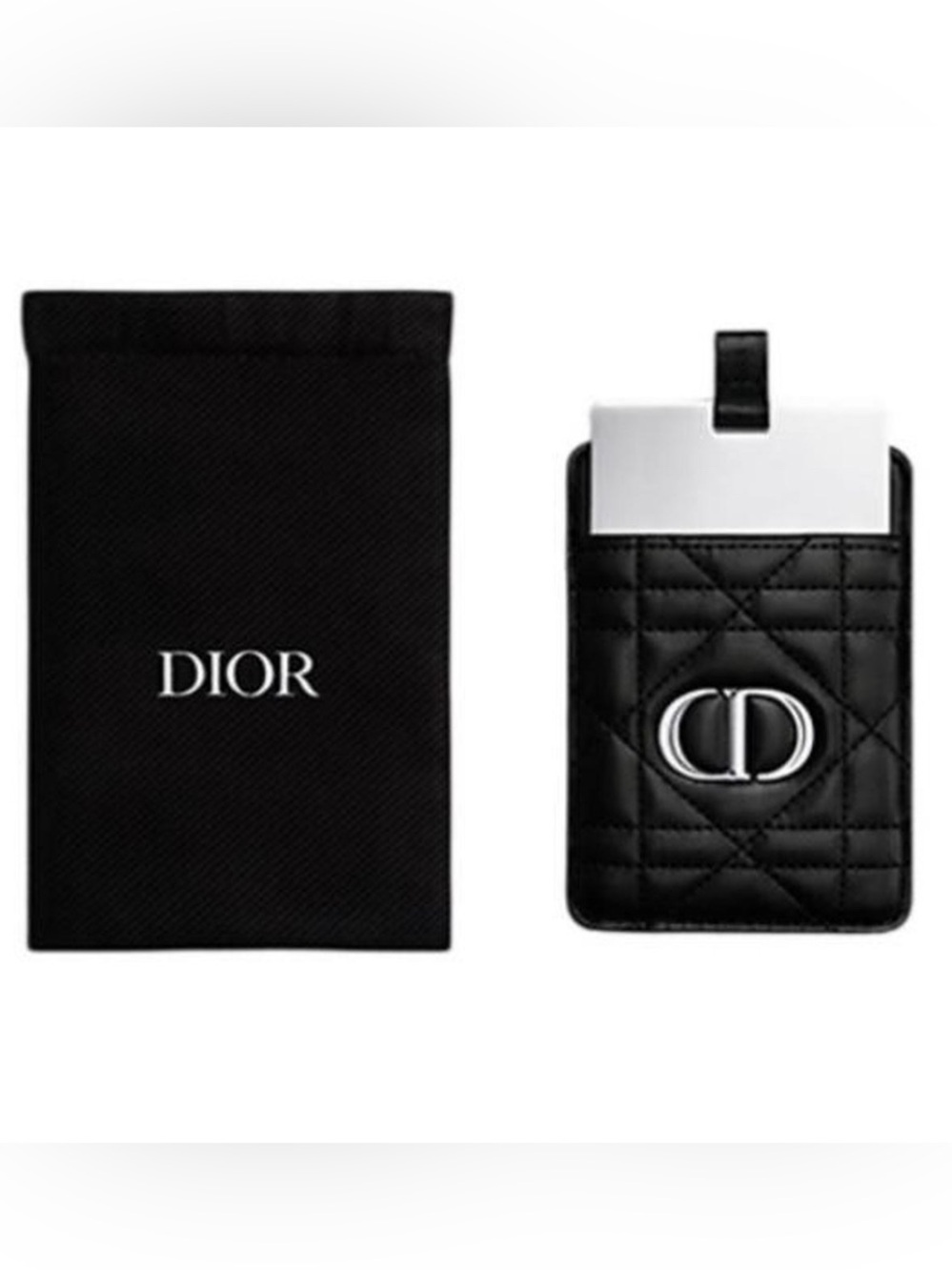 Dior Black Quilted Leather Cardholder & Dior Mirror & Drawstring Pouch 3 pc set